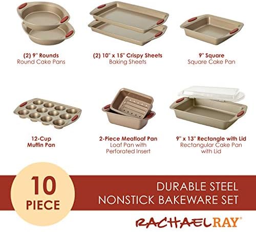 Rachael Ray Cucina Nonstick Bakeware Set Baking Cookie Sheets Cake Muffin Bread Pan, 10 Piece, Latte Brown with Cranberry Red Grips - Picture 1