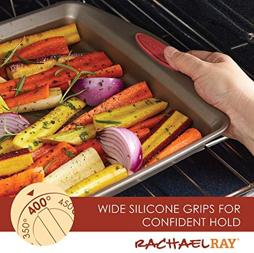 Rachael Ray Cucina Nonstick Bakeware Set Baking Cookie Sheets Cake Muffin Bread Pan, 10 Piece, Latte Brown with Cranberry Red Grips - Picture 3