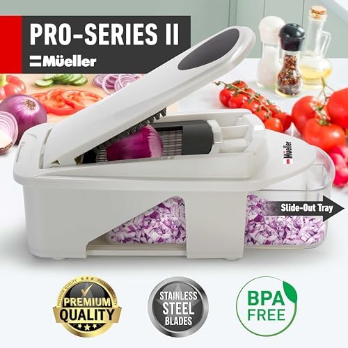 Mueller Pro-Series All-in-One, 12 Blade Mandoline Slicer for Kitchen, Food Chopper, Vegetable Slicer and Spiralizer, Cutter, Dicer, Grater, Kitchen Gadgets Sets with Container, White Sand/Dark Grey - Picture 1