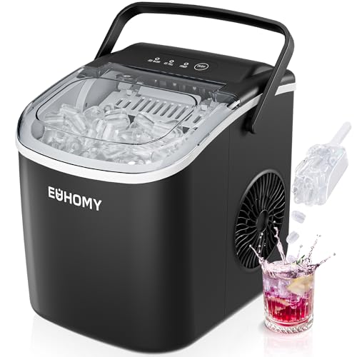 EUHOMY Countertop Ice Maker Machine with Handle, 26lbs in 24Hrs, 9 Ice Cubes Ready in 6 Mins, Auto-Cleaning Portable Ice Maker with Basket and Scoop, for Home/Kitchen/Camping/RV. (Black) - Picture 0