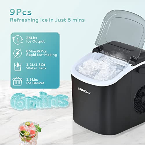 EUHOMY Countertop Ice Maker Machine with Handle, 26lbs in 24Hrs, 9 Ice Cubes Ready in 6 Mins, Auto-Cleaning Portable Ice Maker with Basket and Scoop, for Home/Kitchen/Camping/RV. (Black) - Picture 1