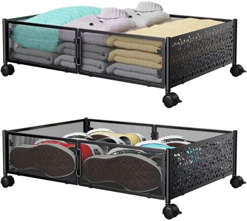 Under Bed Storage, Under the Bed Storage Containers with Wheels, Under Bed Shoe Storage Organizer Drawer, Tool-free Assembly Metal Underbed Storage Containers for Bedroom Clothes Shoes Blankets -2Pack