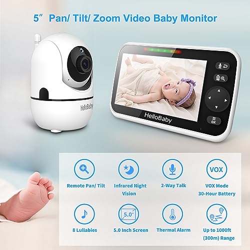 HelloBaby Upgrade Baby Monitor, 5''Sreen with 30-Hour Battery, Pan-Tilt-Zoom Video Baby Monitor with Camera and Audio, Night Vision, VOX, 2-Way Talk, 8 Lullabies and 1000ft Range No WiFi - Picture 1