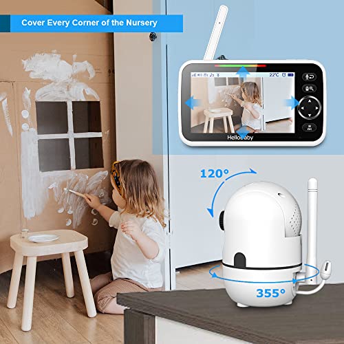 HelloBaby Upgrade Baby Monitor, 5''Sreen with 30-Hour Battery, Pan-Tilt-Zoom Video Baby Monitor with Camera and Audio, Night Vision, VOX, 2-Way Talk, 8 Lullabies and 1000ft Range No WiFi - Picture 3