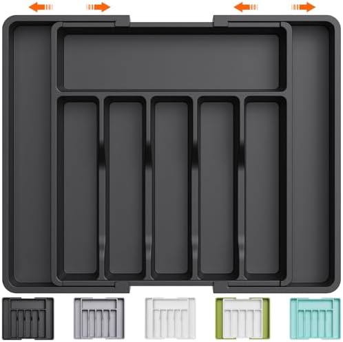 Lifewit Silverware Drawer Organizer, Expandable Utensil Tray for Kitchen, BPA Free Flatware and Cutlery Holder, Adjustable Plastic Storage for Spoons Forks Knives, Large, Black - Picture 0