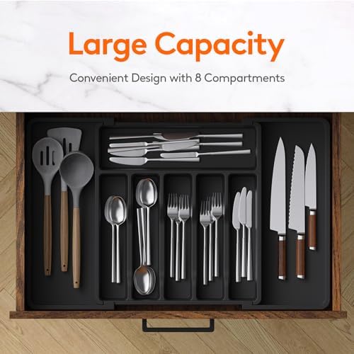 Lifewit Silverware Drawer Organizer, Expandable Utensil Tray for Kitchen, BPA Free Flatware and Cutlery Holder, Adjustable Plastic Storage for Spoons Forks Knives, Large, Black - Picture 1