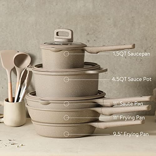 CAROTE Pots and Pans Set Non Stick, 11Pcs Nonstick Kitchen Cookware Sets, Stackable Induction Cookware, Pot and Pan Set, Pans for Cooking, Taupe Granite - Picture 1