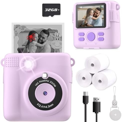 Instant Print Camera for Kids, Christmas Birthday Gifts for Girls Boys, HD Digital Video Cameras for Toddler, Portable Toy for 4 5 6 7 8 9 10 Year Old Girl with 32GB SD Card-Purple - Picture 0