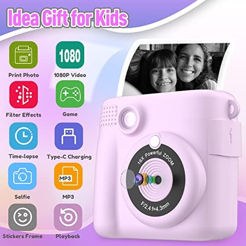 Instant Print Camera for Kids, Christmas Birthday Gifts for Girls Boys, HD Digital Video Cameras for Toddler, Portable Toy for 4 5 6 7 8 9 10 Year Old Girl with 32GB SD Card-Purple - Picture 1