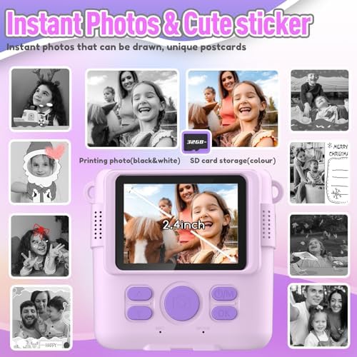 Instant Print Camera for Kids, Christmas Birthday Gifts for Girls Boys, HD Digital Video Cameras for Toddler, Portable Toy for 4 5 6 7 8 9 10 Year Old Girl with 32GB SD Card-Purple - Picture 2