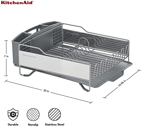 KitchenAid Large Capacity,Full Size, Rust Resistan Dish Rack Angled Drain Board and Removable Flatware Caddy, Light Grey - Picture 1