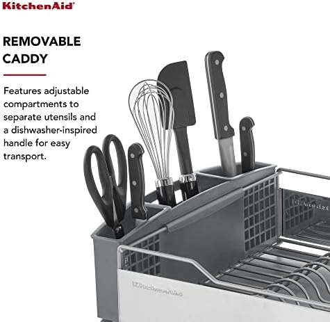 KitchenAid Large Capacity,Full Size, Rust Resistan Dish Rack Angled Drain Board and Removable Flatware Caddy, Light Grey - Picture 2