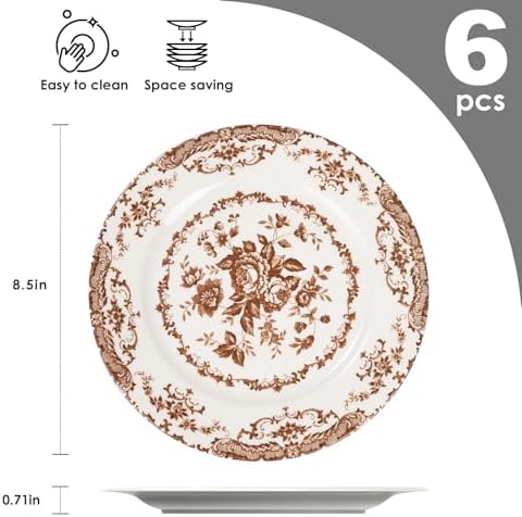 Salad Plates, 8.5 Inch Ceramic Plates Set of 6, Kitchen Plates Microwave Safe Plates, White Porcelain Plates Dessert Plates Porcelain Serving Dishes, Blue+Black+Brown - Picture 1