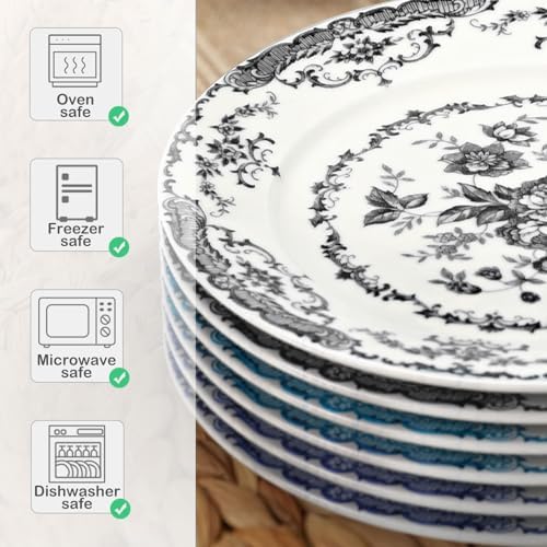 Salad Plates, 8.5 Inch Ceramic Plates Set of 6, Kitchen Plates Microwave Safe Plates, White Porcelain Plates Dessert Plates Porcelain Serving Dishes, Blue+Black+Brown - Picture 2