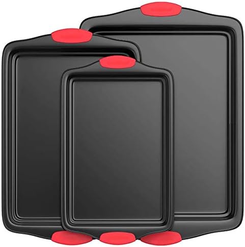 NutriChef 3-Piece Nonstick Kitchen Oven Baking Pans - Premium & Stylish Non-Stick Steel, Commercial Grade Restaurant Quality Metal Bakeware with Red Silicone Handles - Easy to Clean, NCSBS3S