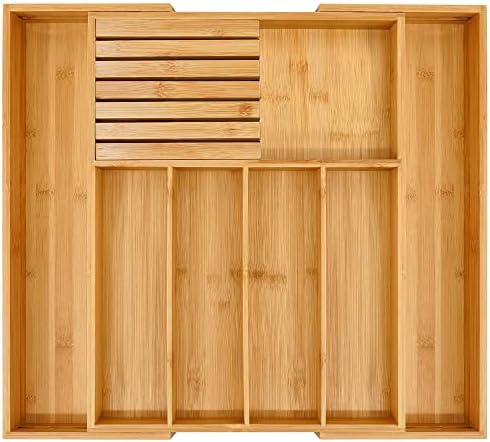 VaeFae Bamboo Silverware Drawer Organizer Kitchen, Expandable Utensil Organizer with Knife Block, Cutlery Tray with Divider, Multifunctional Wooden Drawer Organizer - Picture 0