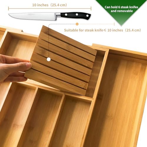 VaeFae Bamboo Silverware Drawer Organizer Kitchen, Expandable Utensil Organizer with Knife Block, Cutlery Tray with Divider, Multifunctional Wooden Drawer Organizer - Picture 1