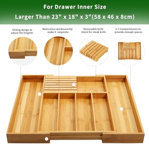 VaeFae Bamboo Silverware Drawer Organizer Kitchen, Expandable Utensil Organizer with Knife Block, Cutlery Tray with Divider, Multifunctional Wooden Drawer Organizer - Picture 3