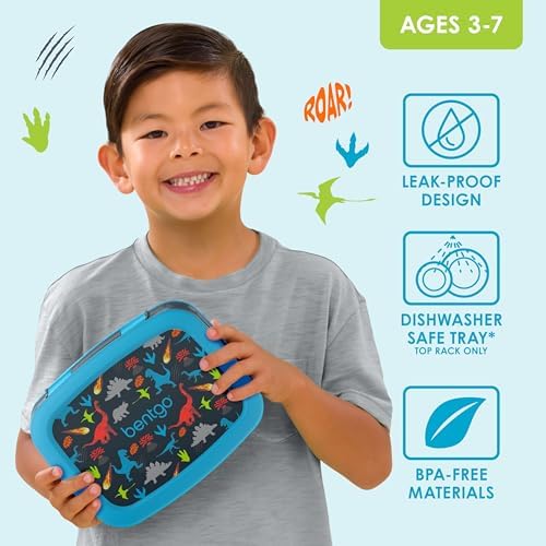 Bentgo® Kids Prints Leak-Proof, 5-Compartment Bento-Style Kids Lunch Box - Ideal Portion Sizes for Ages 3-7, Durable, Drop-Proof, Dishwasher Safe, & Made with BPA-Free Materials (Dinosaur) - Picture 2