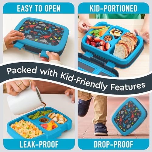 Bentgo® Kids Prints Leak-Proof, 5-Compartment Bento-Style Kids Lunch Box - Ideal Portion Sizes for Ages 3-7, Durable, Drop-Proof, Dishwasher Safe, & Made with BPA-Free Materials (Dinosaur) - Picture 3