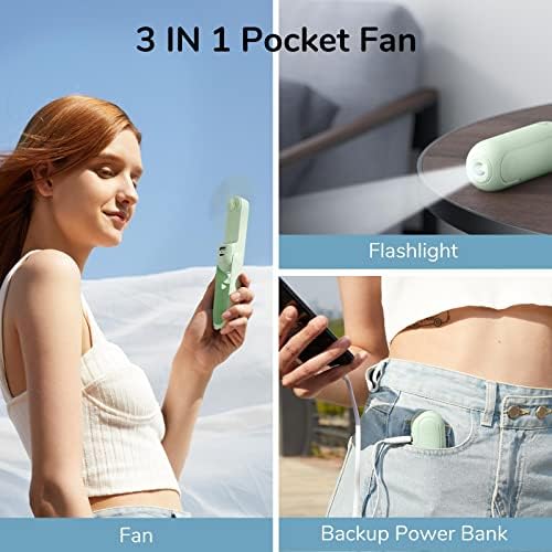 JISULIFE Handheld Mini Fan, 3 IN 1 Hand Fan, USB Rechargeable Small Pocket Fan [12-19 Working Hours] with Power Bank, Flashlight, Portable Fan for Travel/Summer/Concerts/Lash, Gifts for Women(Green) - Picture 1