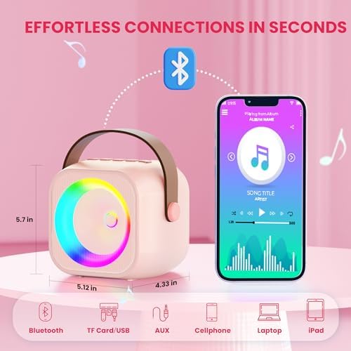 Mini Karaoke Machine for Kids Adults, Portable Bluetooth Speaker with Wireless Karaoke Microphone, Karaoke Toys Gifts for 4, 5, 6, 7, 8, 9, 10, 12 Year Old Girls Birthday Gifts Home Christmas Party - Picture 3