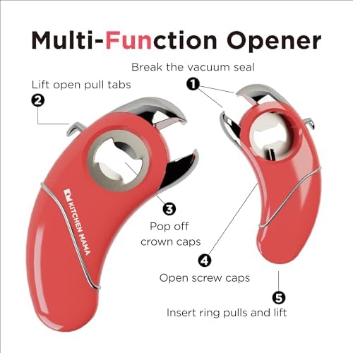 Kitchen Mama Epic One Multifunction Opener: A Pick Ergonomic Opener- Magnetic Bottle Opener, Beer & Soda Can Opener, Pull Tab & Jar Opener for Weak Hands and Arthritis (Red) - Picture 1