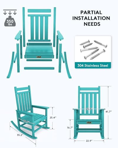 SERWALL HDPE Rocking Chair, Outdoor Rocking Chair for Adults, All Weather Porch Rocker for Lawn Garden, Aruba - Picture 2