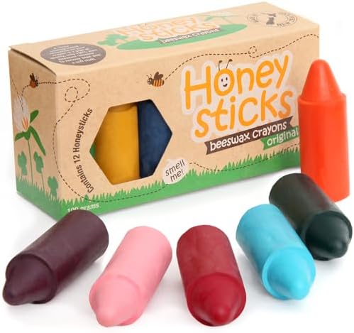 Honeysticks 100% Pure Beeswax Crayons (12 Pack) - Non-Toxic Crayons, Safe for Babies and Toddlers, For 1 Year Plus, Handmade in New Zealand with Natural Beeswax and Food-Grade Colors, Eco-Friendly.