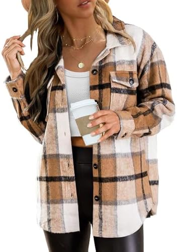 Blansdi Women’s Casual Plaid Flannel Shacket Jacket Oversized Button Down Long Sleeve Fall Shirt Jacket Coat Tops